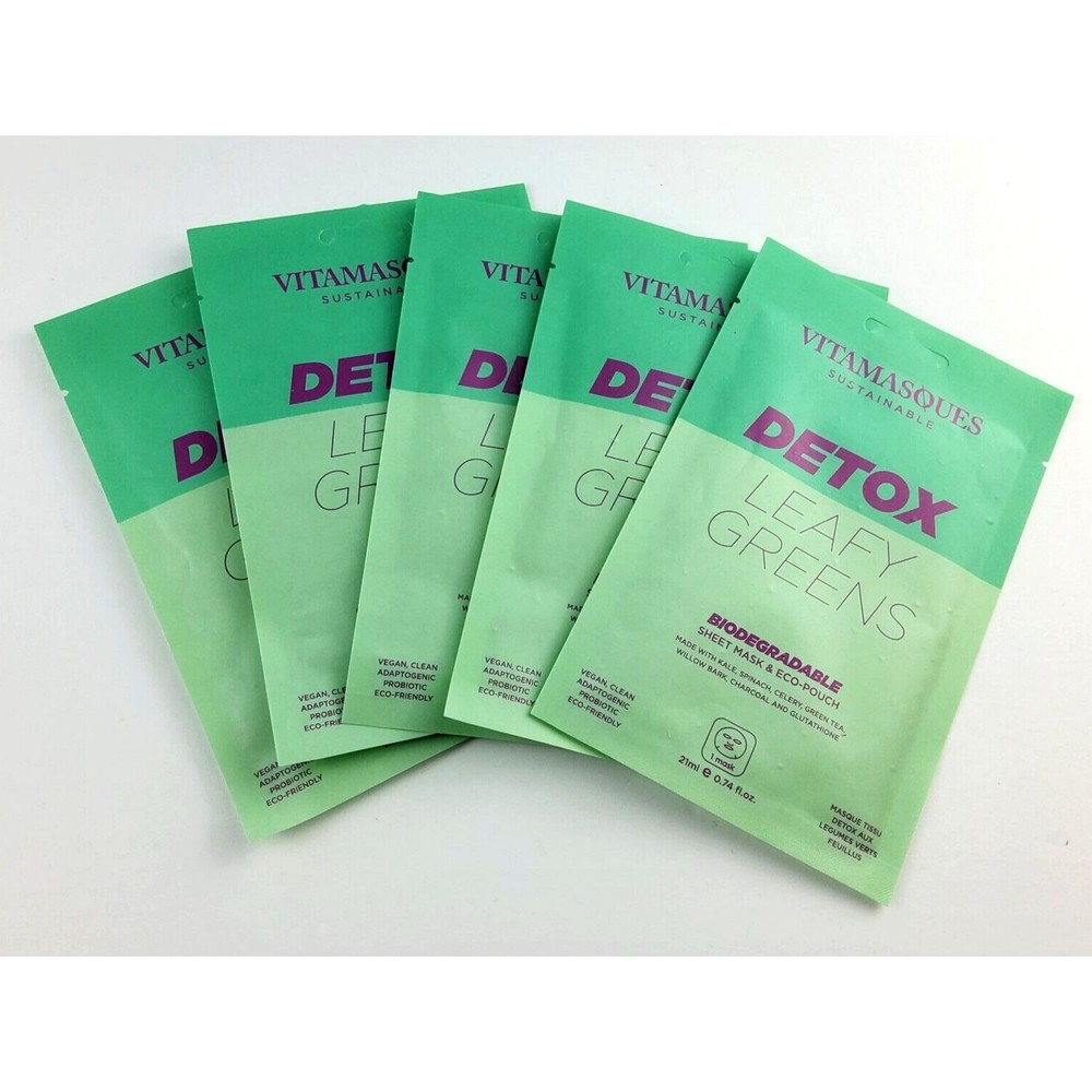 Lot Of 5- Vitamasques Detox Leafy Greens Sheet Mask Single Use .74 oz/21 mL